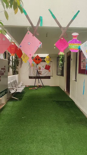 Corridor decorated with colourful kite festival decor