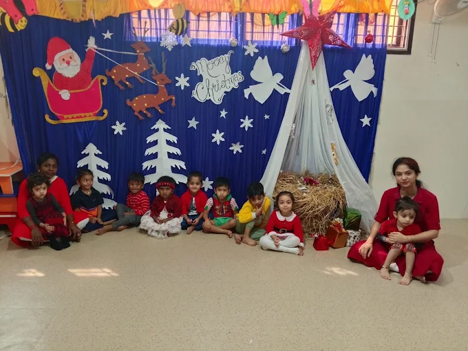Children celebrating Christmas with festive decor