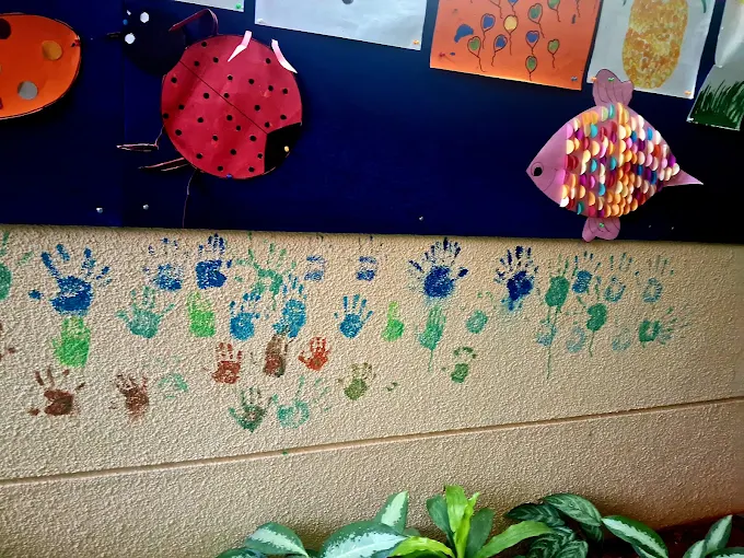Children's handprint art display wall