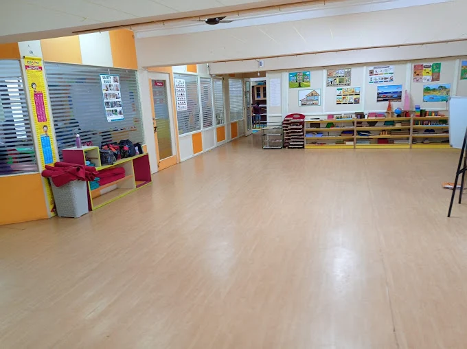 Bright classroom hallway and activity corner